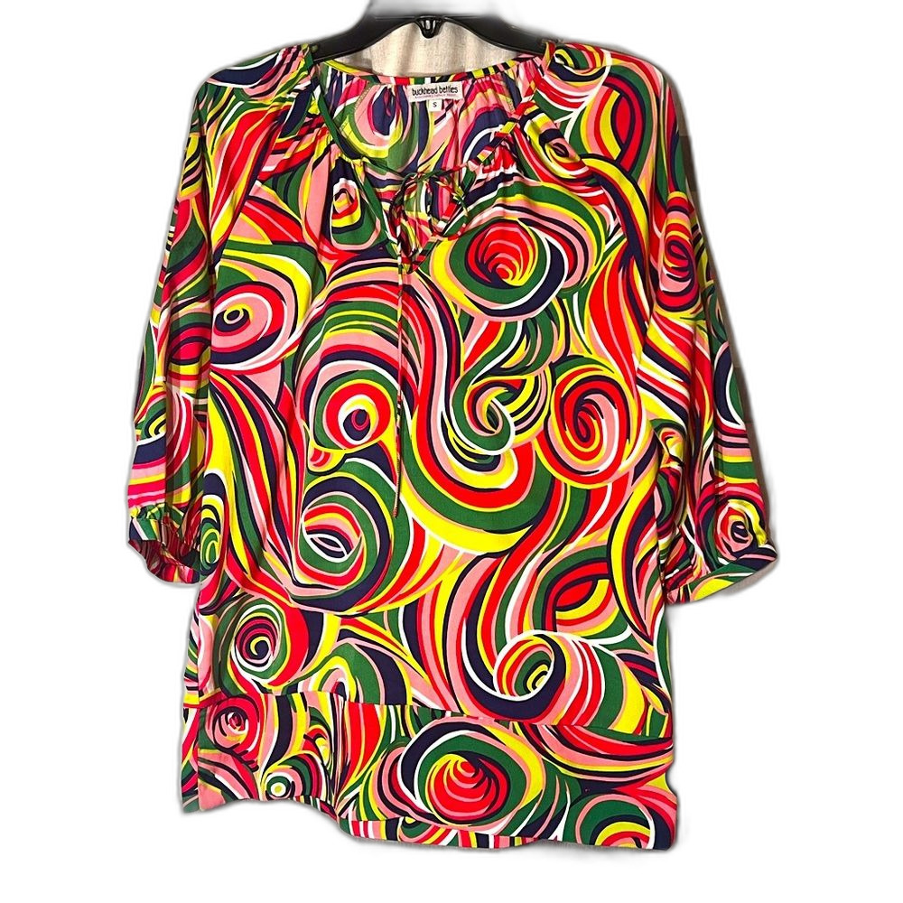 Buckhead Bettie's blouse v neck tie band at arm bright colors swirl size S
